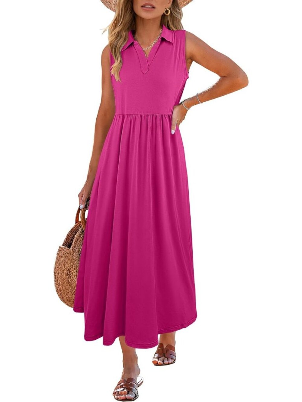 Women's Hot Pink V Neck Flowy Aline Maxi Sundress Summer Sleeveless Casual Dress